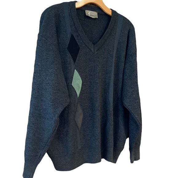 Gabicci Legato Men’s Sz XL Gray Wool Side Suede Diamond Pattern V-Neck Sweater - Picture 4 of 8